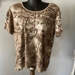 Large Rebecca Malone brown tan cream cap sleeve Hensley shirt top